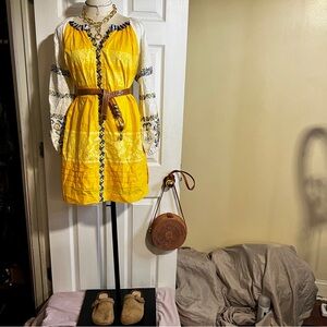 Sana Safinaz Wms Cotton Embroidery Pleated Boho Resort Festival Mini Dress XS/S